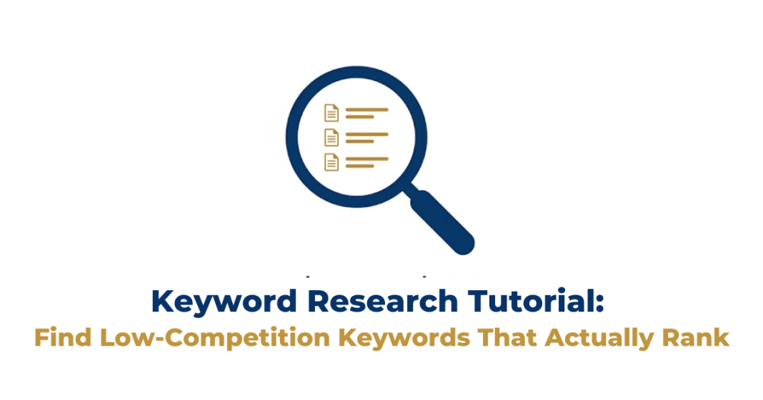 Minimal illustration of a magnifying glass with document search results inside representing keyword research tutorial for finding low competition keywords that rank