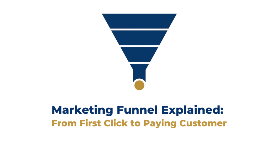 Minimal flat illustration of a marketing funnel with four stages narrowing from awareness to conversion with a gold circle representing a converted customer at the bottom
